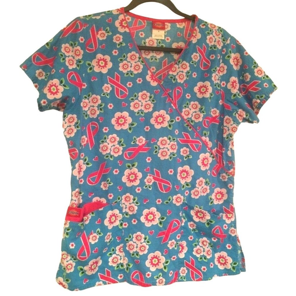 Dickies Scrub Top Breast Cancer Ribbon Cross Body V neck Tie Blue Pink